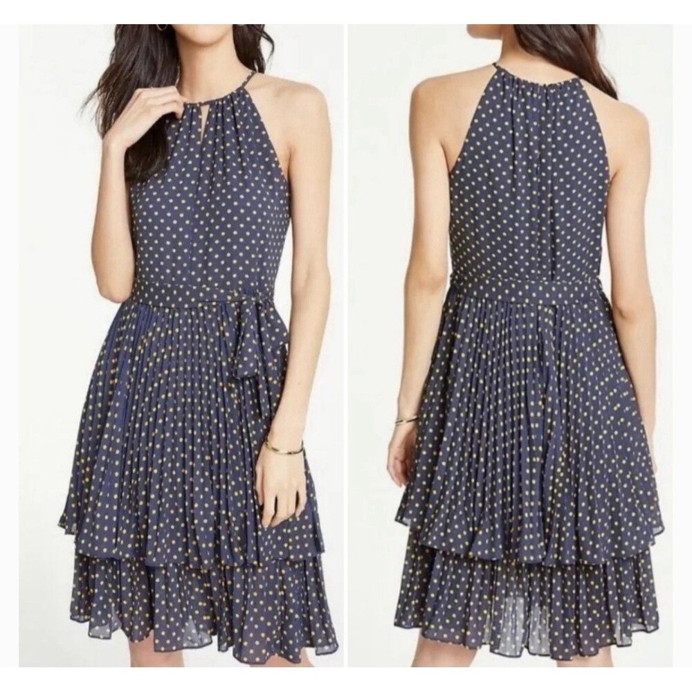 Ann Taylor Halter Neck Polka Dot Tiered Ruffle Pleated Dresss Blue Gold Size 0